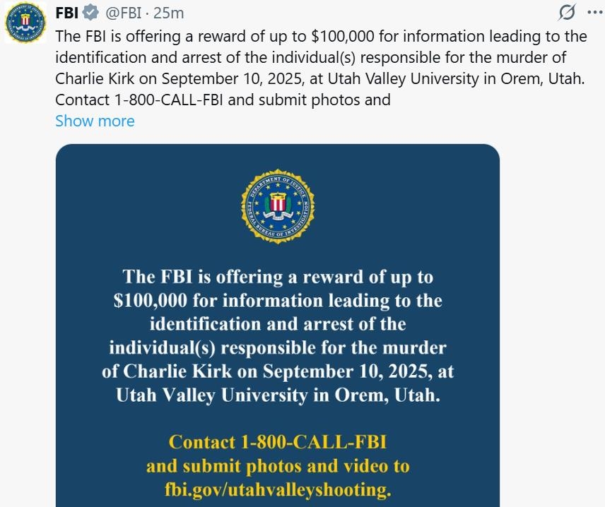 FBI가 내건 현상금 게시물 (FBI X 게시물)
